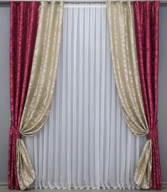 Комплект штор жаккард 1,4х2,7 м 2 шт. Бордовый/Бежевый (014дк/417-416ш)