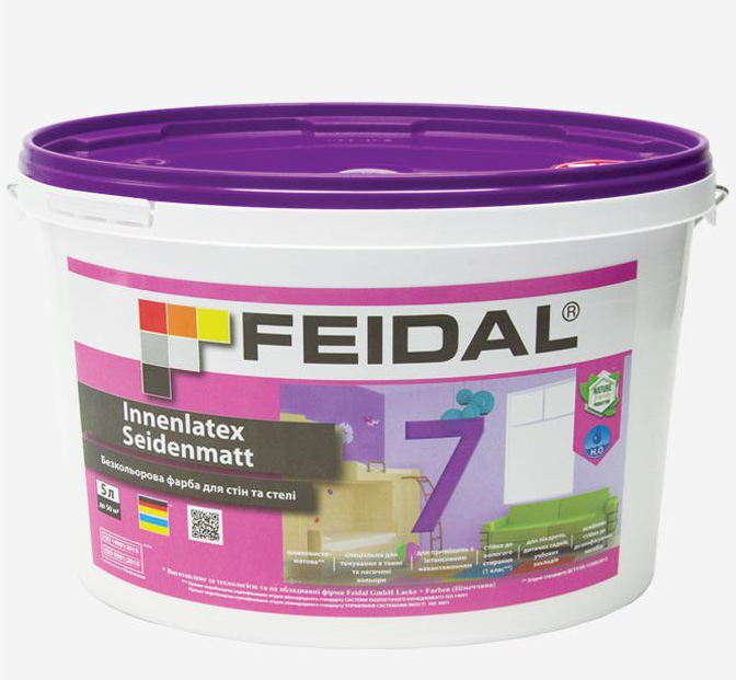 Краска интерьерная Feidal Innenlatex Seidenmatt 7 для стен и потолка шелковисто-матовая 5 л Бесцветный