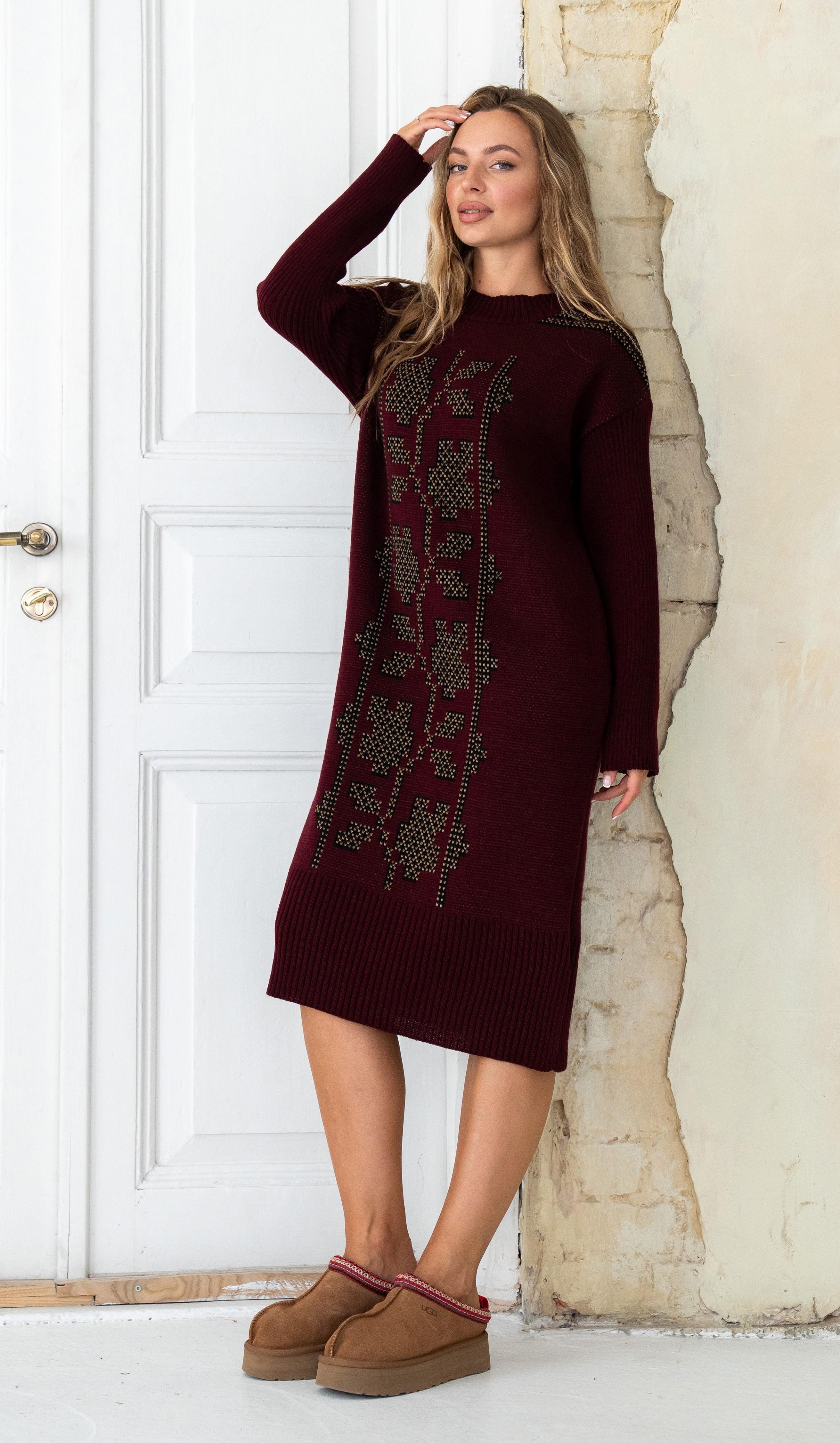Платье вязаное с орнаментом р. 48-54 Бордовый (ВЕ08)