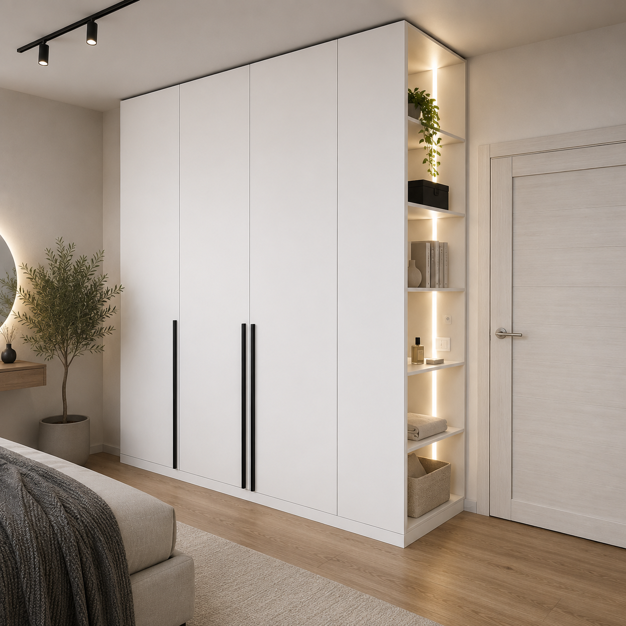 Шкаф Афина трёхдверный со стеллажом и LED-подсветкой Mebellini, ЛДСП 1750×2300×500 мм Белый (SKEP1000-295)