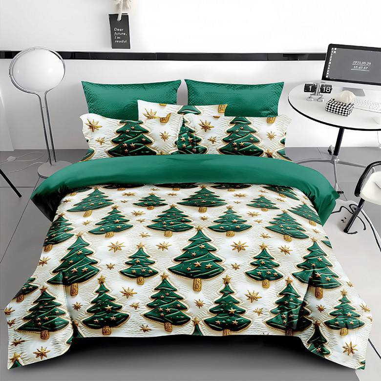 Постільна білизна сатин 5D двоспальне 70х70 см Білий із темно-зеленим - фото 1 Постільна білизна сатин 5D двоспальне 70х70 см Білий із темно-зеленим - фото 1