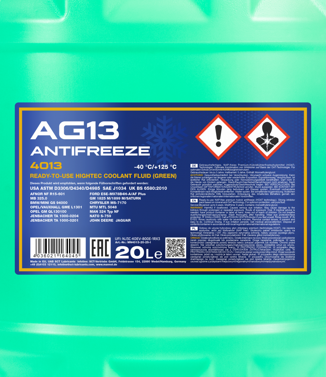 Антифриз Mannol 4013 Longterm Antifreeze AG13 -40°C готовий розчин 20 л Зелений (MN4013-20) - фото 2 Антифриз Mannol 4013 Longterm Antifreeze AG13 -40°C готовий розчин 20 л Зелений (MN4013-20) - фото 2