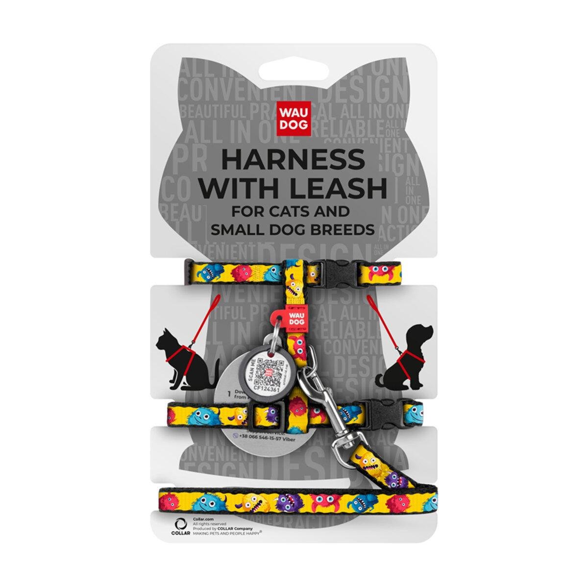 Шлей с поводком для кошек/мелких пород собак Waudog Nylon Мохнатые монстры с QR паспортом XS 10 мм х 25-40 см х 20-30 см (329-4050 Col)