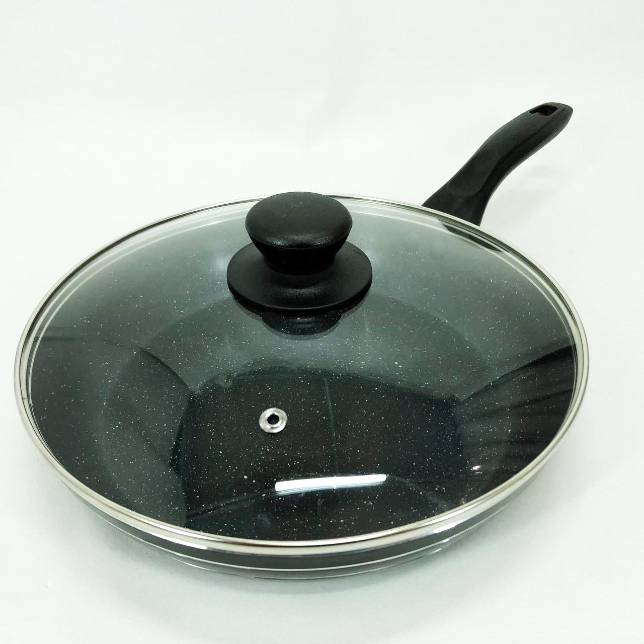 Сковорода Unique UN-5164 с крышкой 24 см Черный мрамор