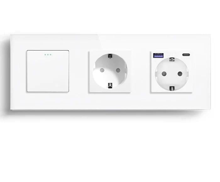 Вимикач універсальний LUXION прохідний з розеткою USB A+C 20Вт із заземленням/захисними шторками скло Білий