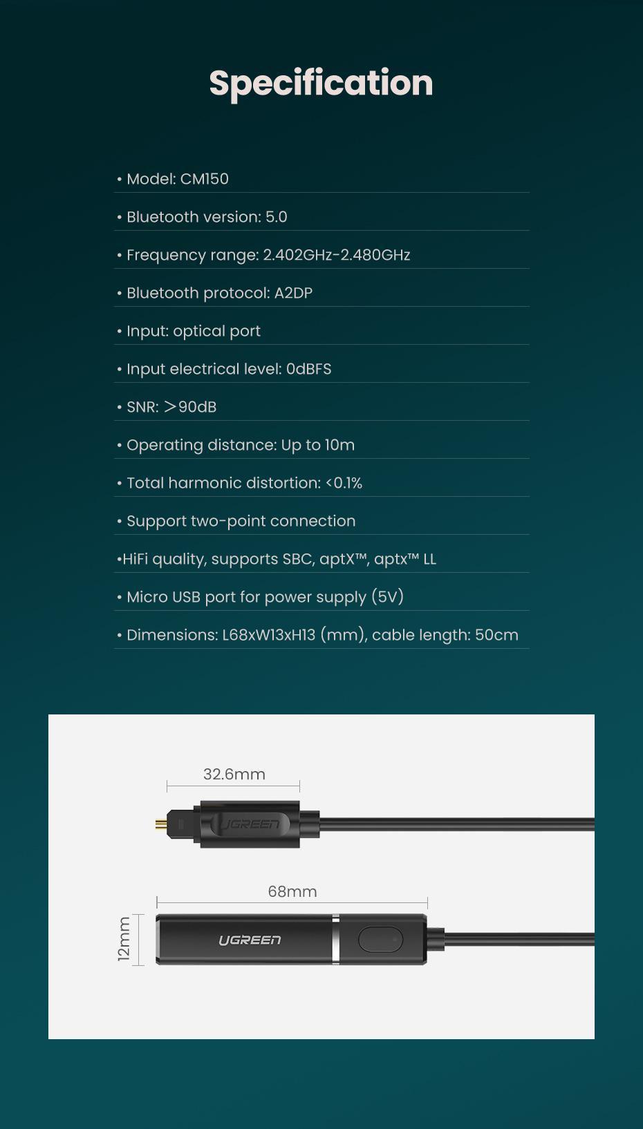 Передавач аудіо Ugreen Bluetooth 5.0 (50213) - фото 10 Передавач аудіо Ugreen Bluetooth 5.0 (50213) - фото 10