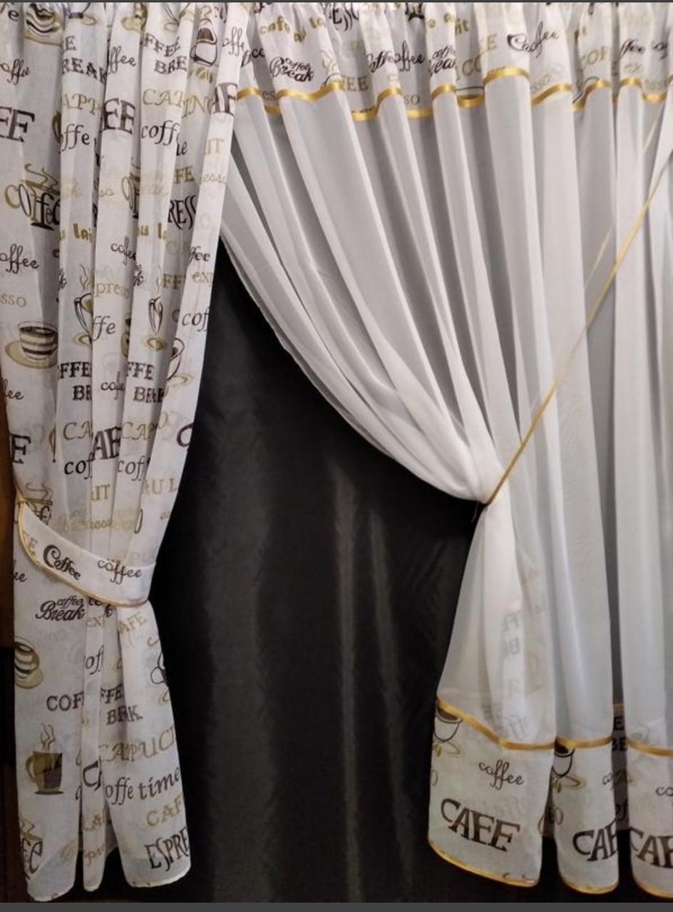 Комплект на окно с подхватами шифон с батистом 290х190 см Белый с бежевым (кш-01) - фото 3