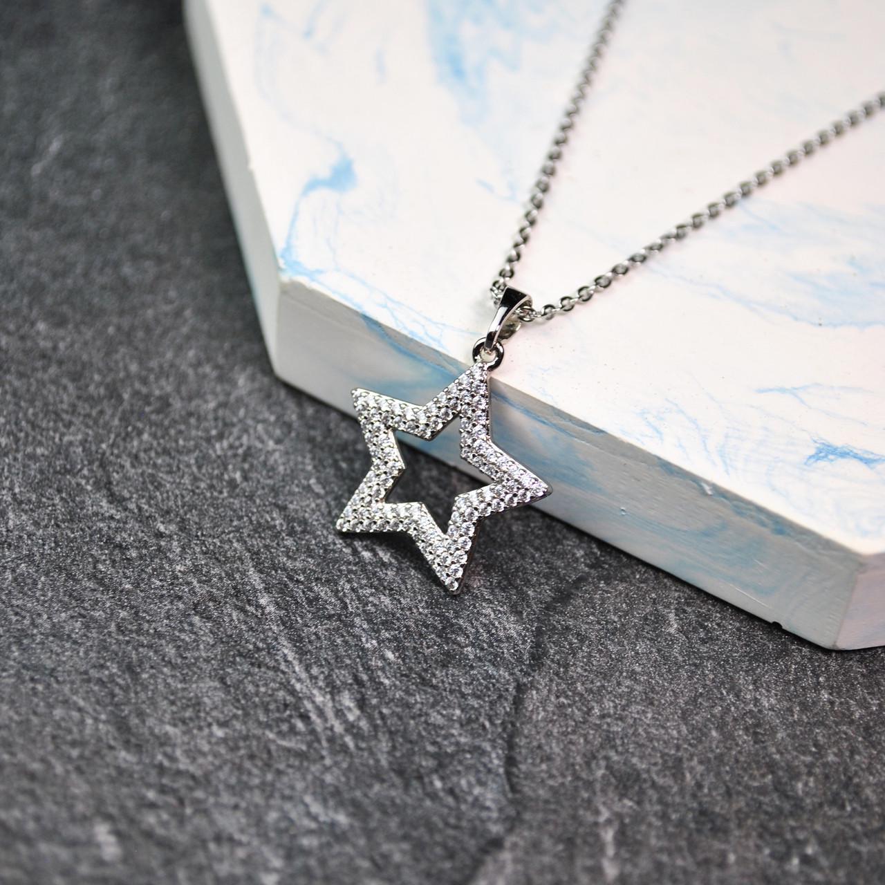 Кулон большая звезда с фианитами на цепочке медицинская сталь родий (x222-1)