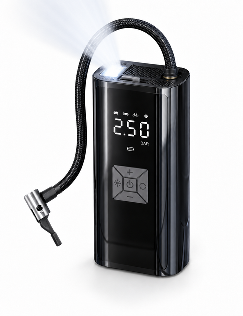 Компрессор автомобильный аккумуляторный с Power Bank и LED фонарем Черный (625187648)