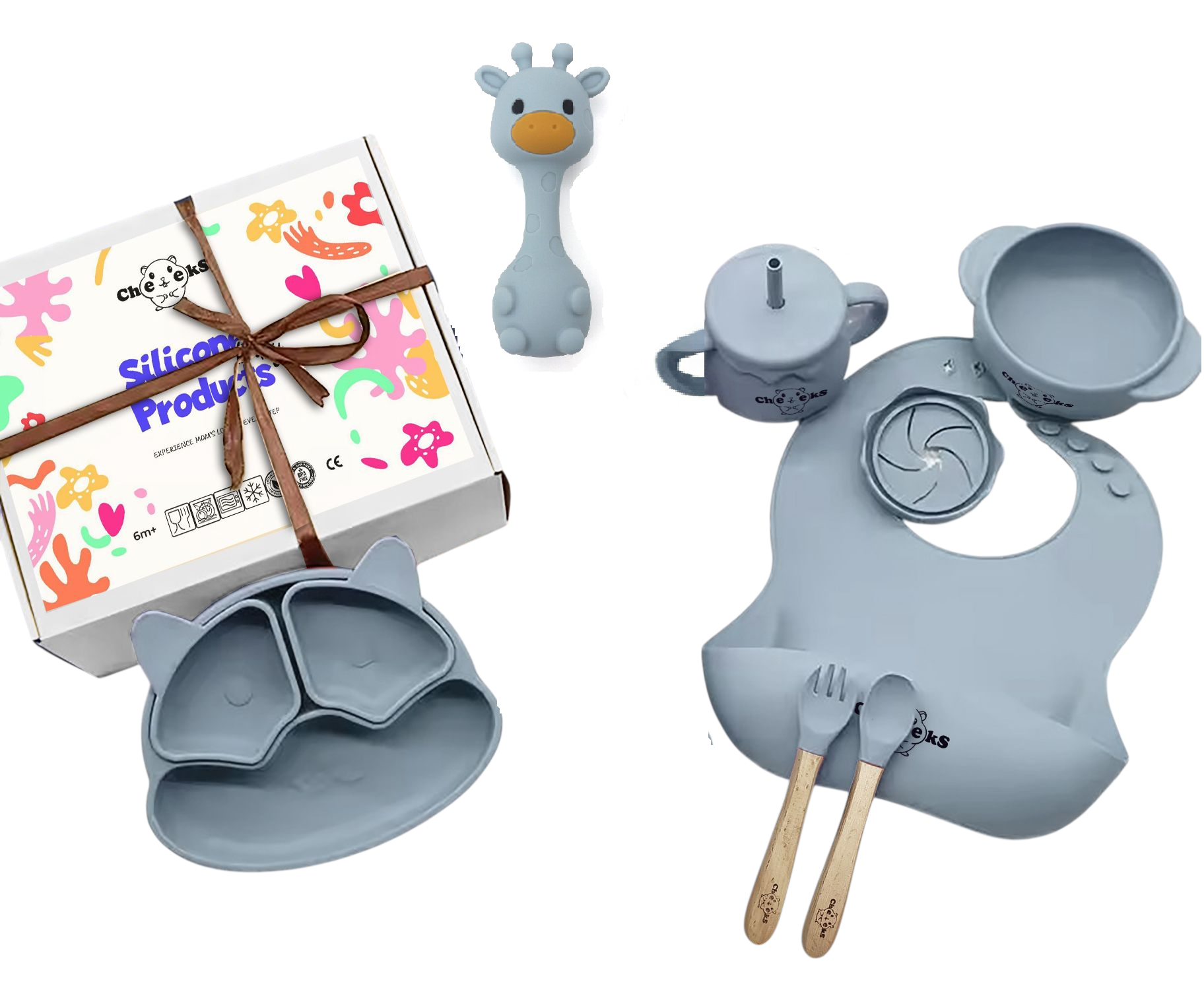 Набір дитячого посуду Cheeks Жираф з прорізувачем/брязкальцем Блакитний (31766366)