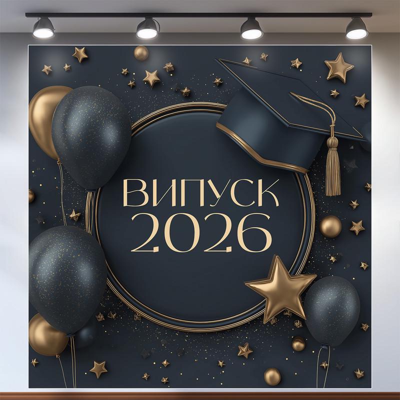 Баннер для фотозоны "Випуск 2026" темно-синий с матовыми шариками и академической шапкой 120x120 см №41065 Баннер для фотозоны "Випуск 2026" темно-синий с матовыми шариками и академической шапкой 120x120 см №41065