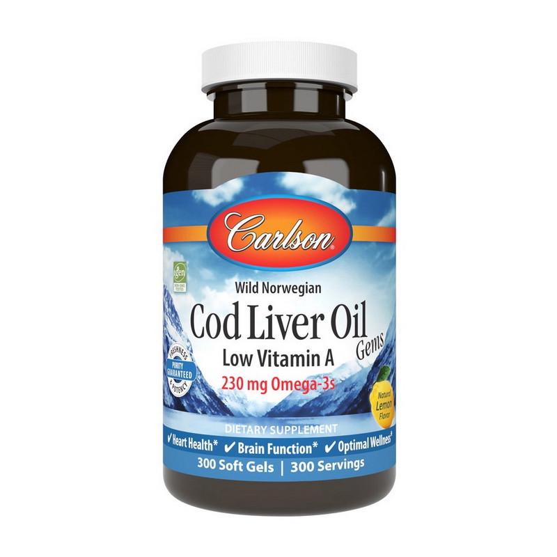 Рыбий жир Carlson Labs Cod Liver Oil Low Vitamin A 230 мг Omega-3s Wild Norwegian 300 капс. Лимон (19094-01)