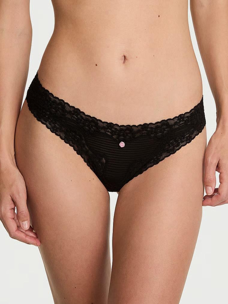Трусики стринги Victoria's Secret Cotton Shadow Stripe Lace-Waist Thong Panty S Черный (27115593)