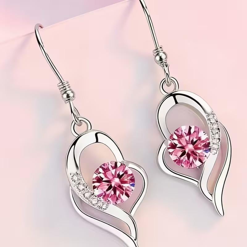 Серьги подвески женские Сердце с розовым ювелирным стеклом Серебристый (35474320)