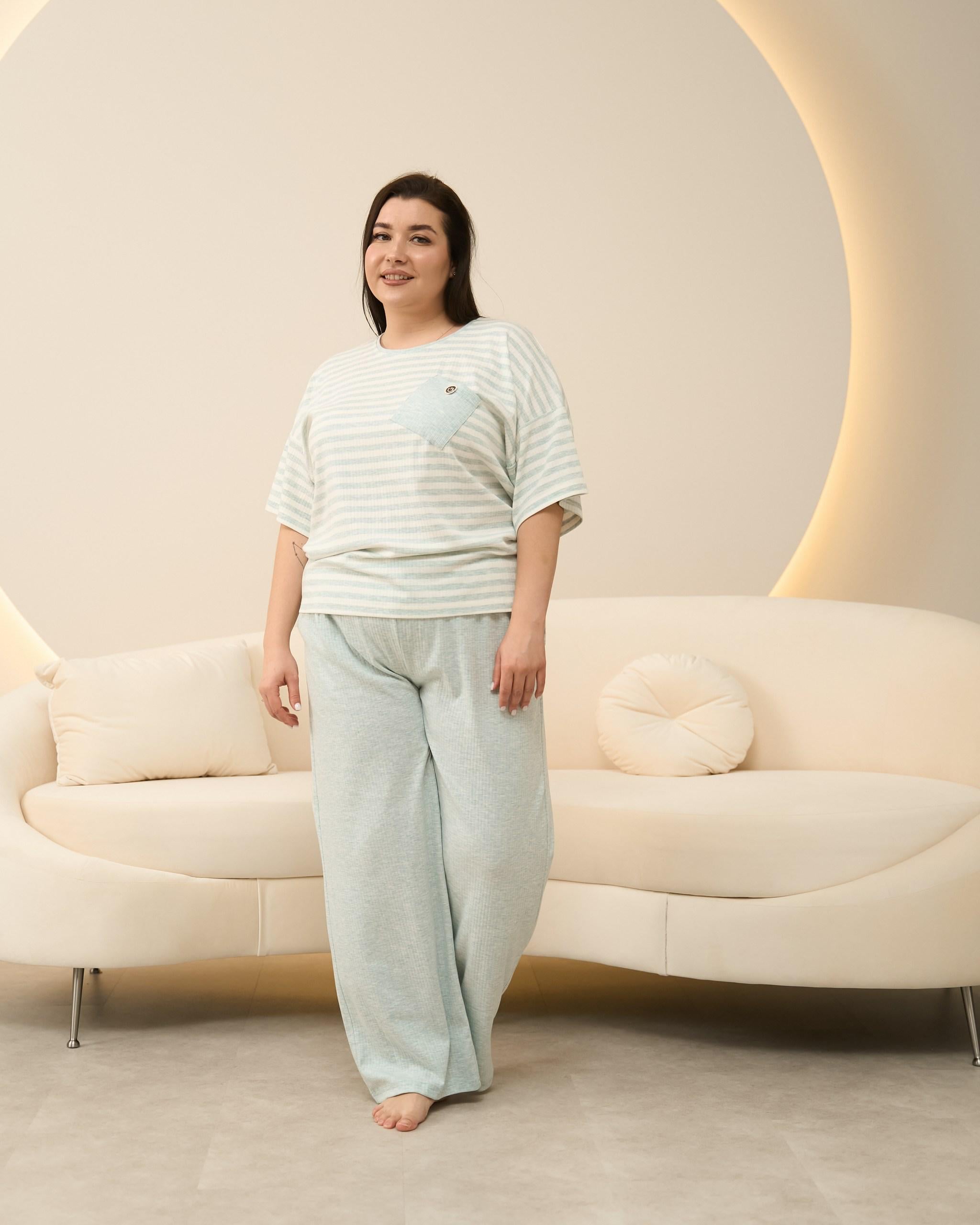 Комплект женский штаны и футболка батал в рубчик 47606 2XL Бирюзовый