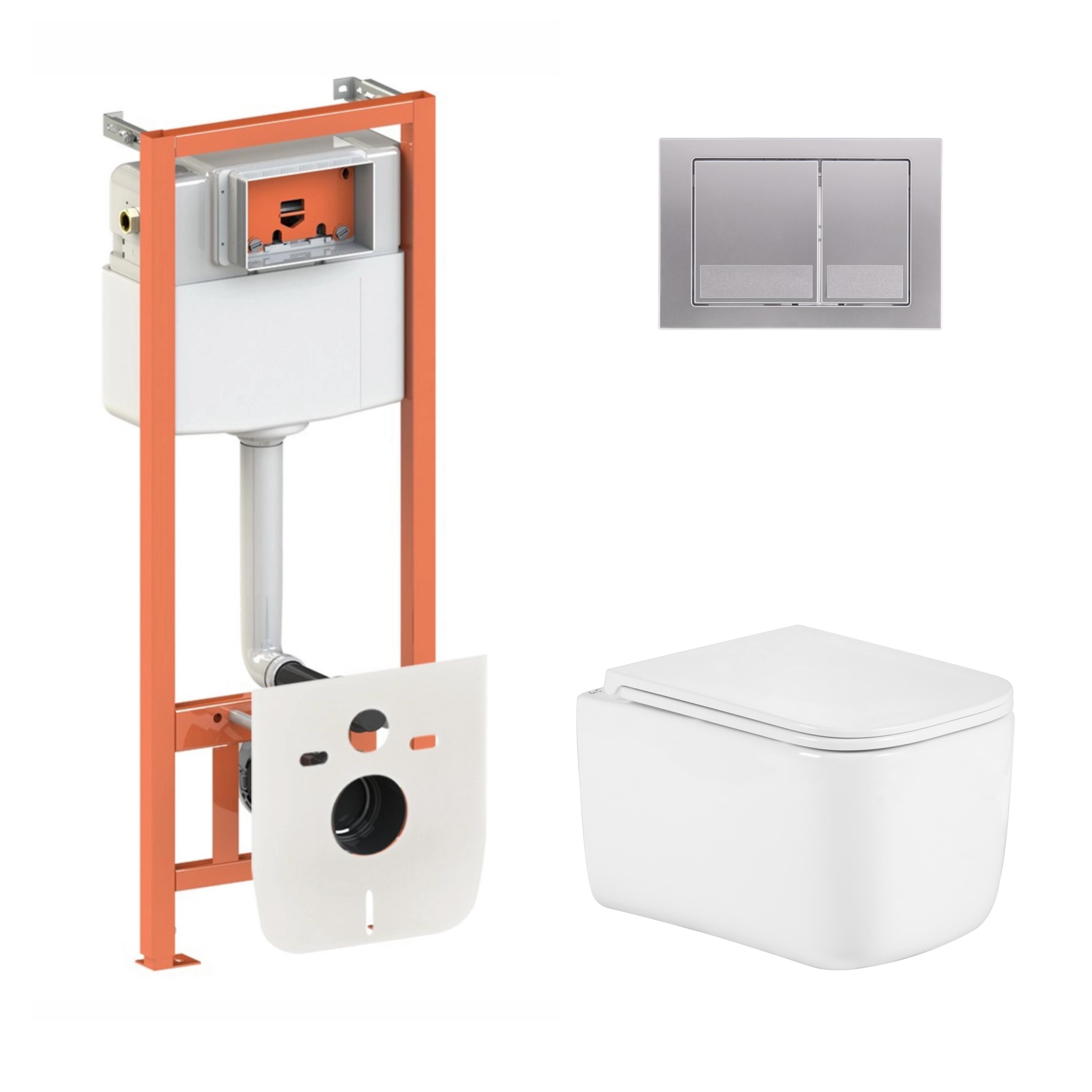 Комплект инсталляции Q-tap ​​Nest 4в1 унитаз подвесной Gemini Ultra Quiet 485х340х350 мм/квадратная клавиша Satin (32806130)