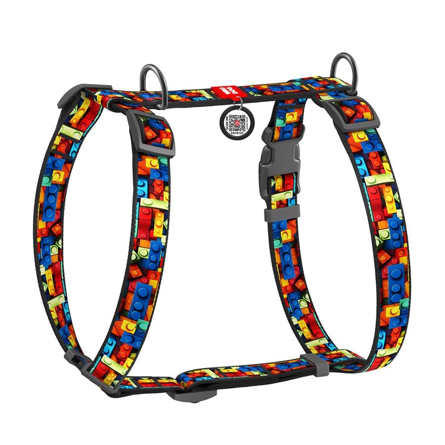 Шлейка для собак анатомическая Waudog Nylon Блоки H-образная с QR-паспортом/пластиковый фастекс М 20 мм/40-70/50-80 см Multicolored (321-4056)