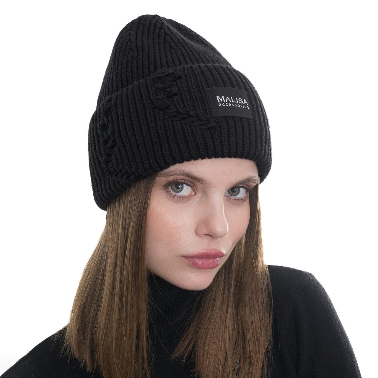 Шапка жіноча Malisa БРУНО без підкладки рвана з емблемою на відвороті one size Чорний (253347) - фото 1