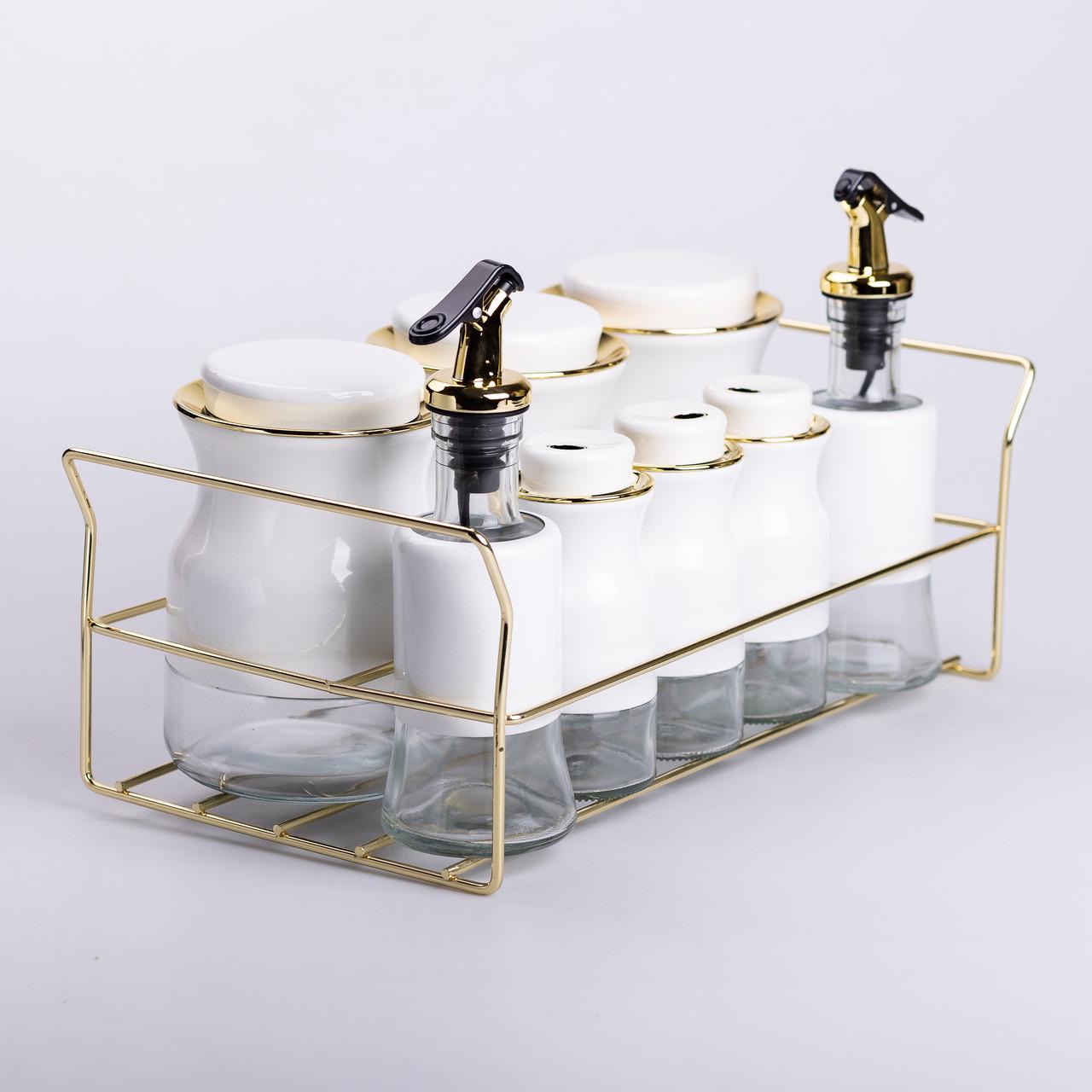 Набор для специй на подставке с бутылками для масла и уксуса 8 предметов Белый (6801) - фото 3 Набор для специй на подставке с бутылками для масла и уксуса 8 предметов Белый (6801) - фото 3