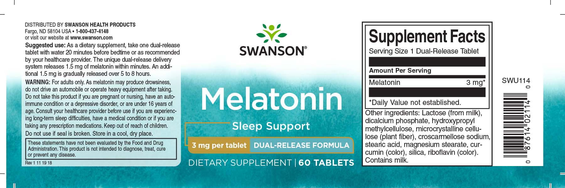 Мелатонин Swanson Melatonin-Dual-Release Formula 3 мг 60 Tabs - фото 2