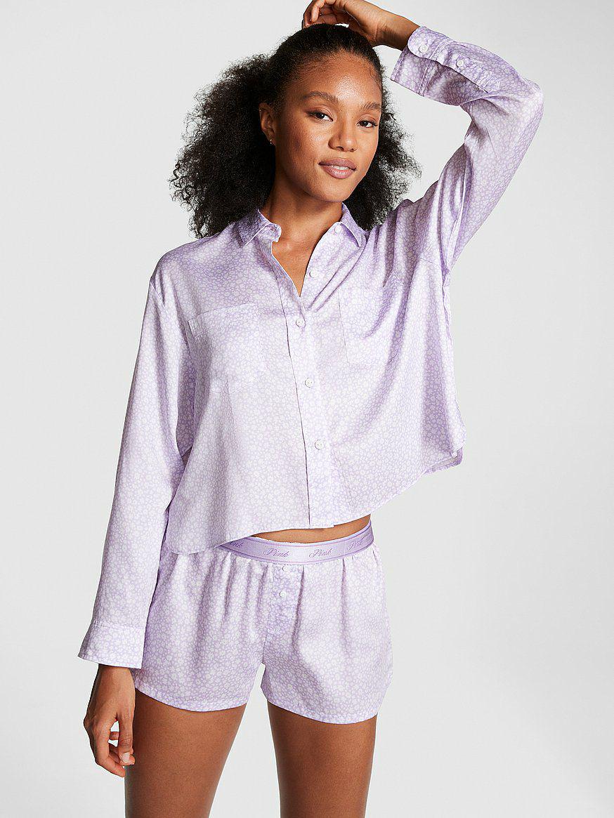 Піжама сорочка/штани сатинова Victoria's Secret Pink Long-Sleeve Sleepshirt & Pants S Фіолетовий (26832492\26813801)