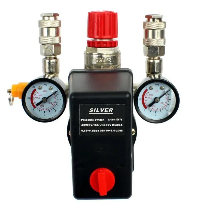 Прессостат 230/380 2 выхода/реле давления/редуктор/2 манометра/предохранительный клапан (29678982) Прессостат 230/380 2 выхода/реле давления/редуктор/2 манометра/предохранительный клапан (29678982)