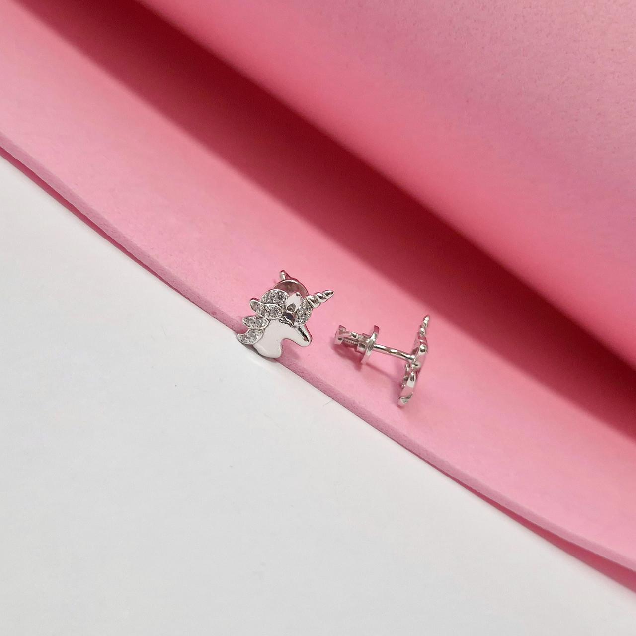 Сережки гвоздики на закрутках єдиноріг з білими каменями срібло 925 проби родоване 2,00 г (5470р) - фото 2
