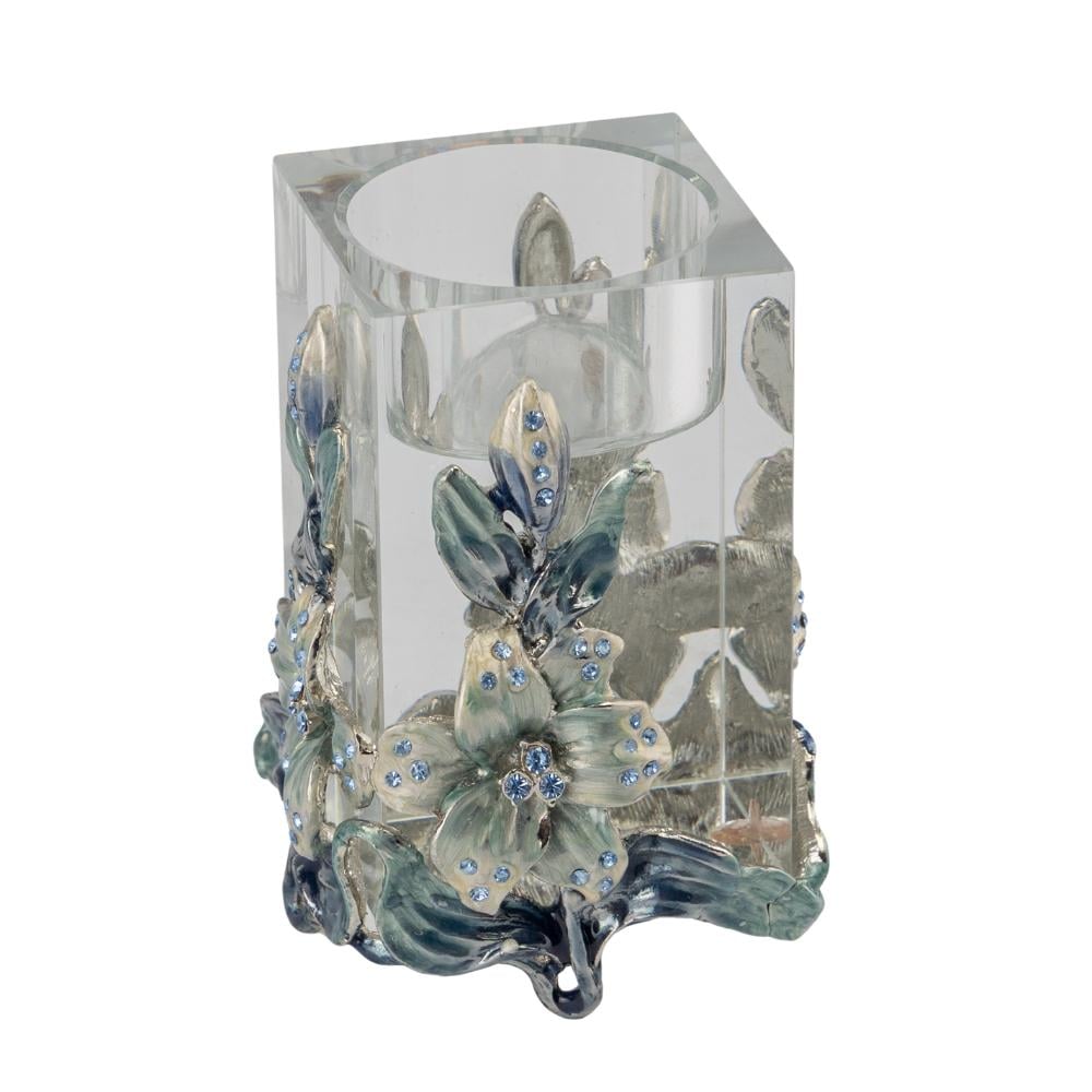 Декоративний свічник для інтер'єру з металевими квітами скляний 5х5х9 см Срібло (147-81-007MB) - фото 1