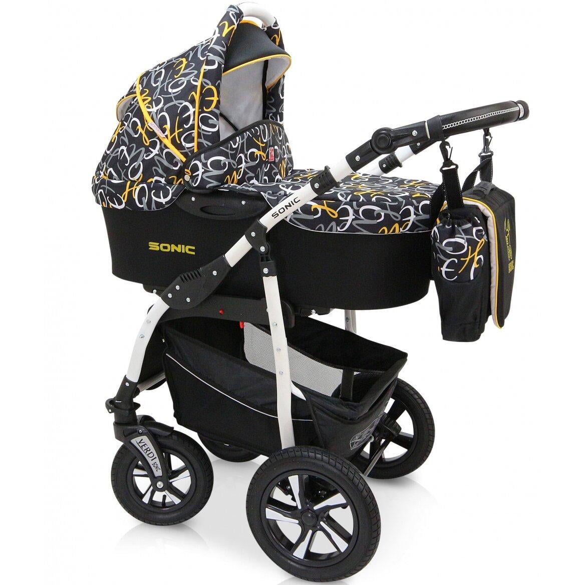 Коляска Verdi Sonic универсальная 3в1 с автокреслом сумкой и дождевиком Черный с принтом