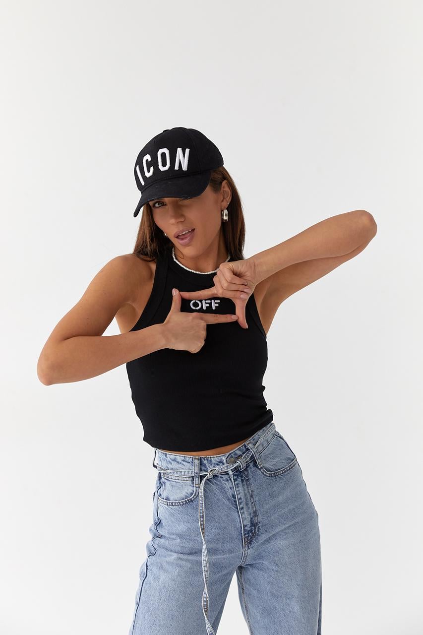 Майка женская OFF QU STYLE из хлопкового трикотажа с вышитой надписью L Черный
