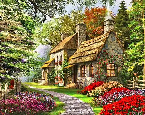 Алмазна мозаїка Будинок у квітах викладка повна квадратні камені на підрамнику 40х50 см (AS 45403П)