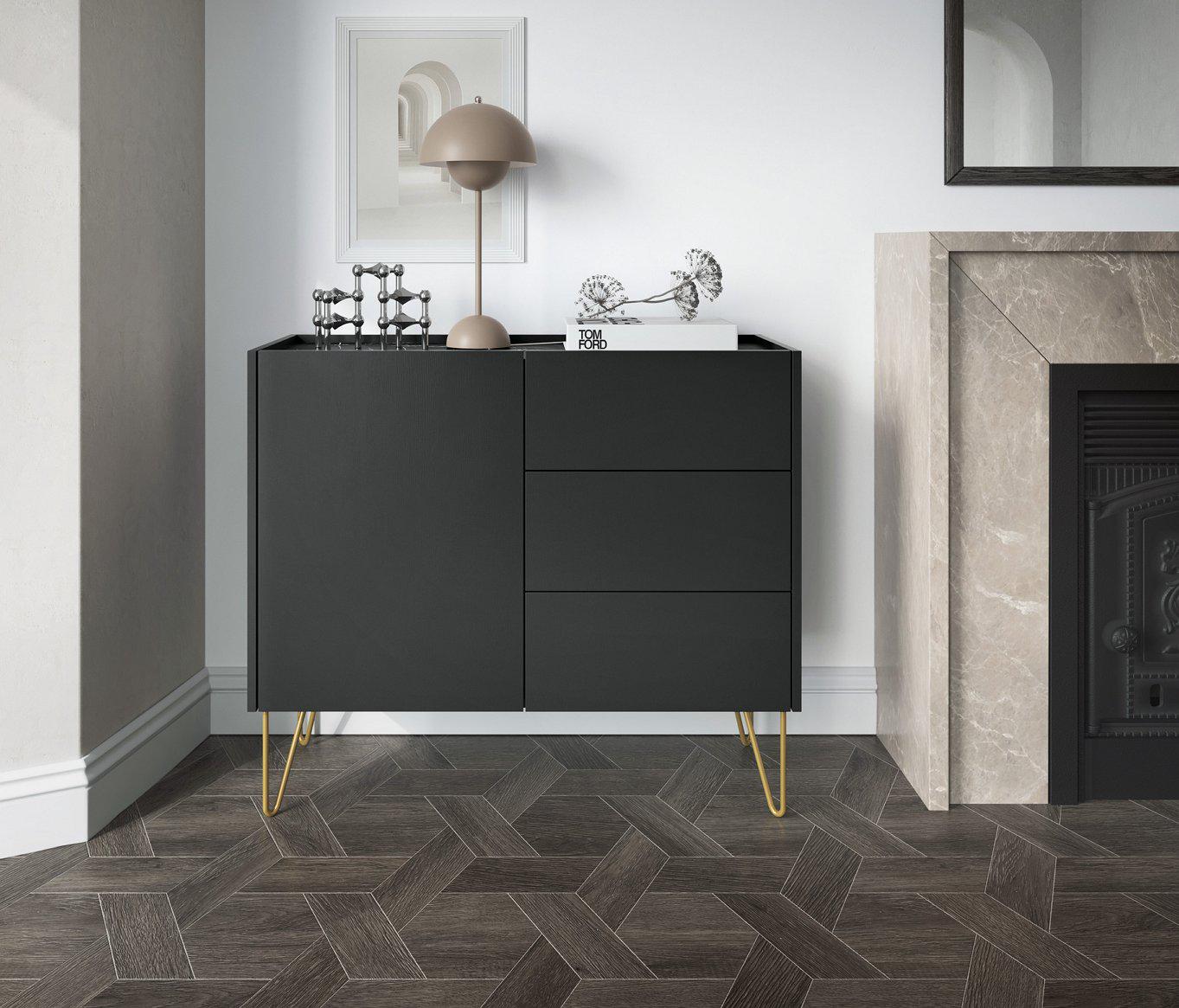 Комод Perfect Home Harmony KSZ97 1-дверный с 3 ящиками и золотыми ножками Черный/Черный мрамор роял (PFH-091182)