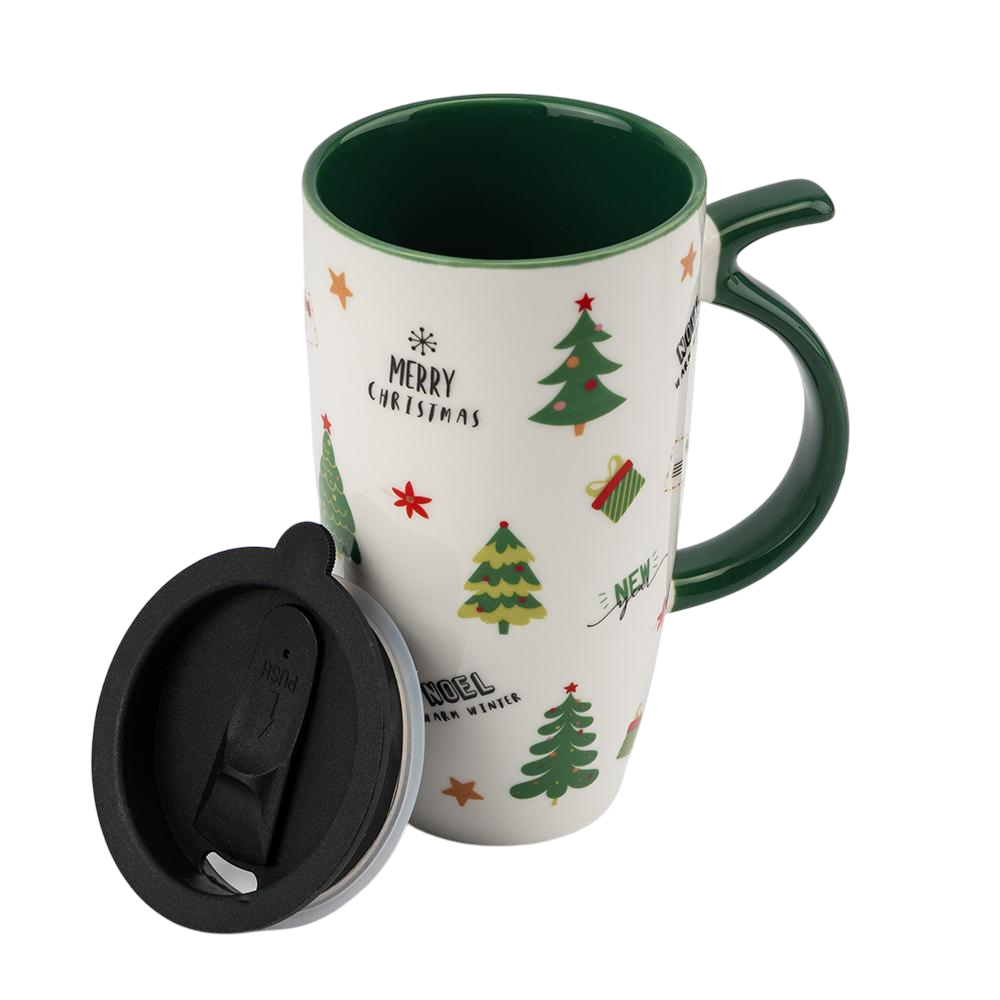Новогодняя кружка с кришкою для горячих напитков Рождественская классика 550 мл Зеленый (147-81-9252-019)