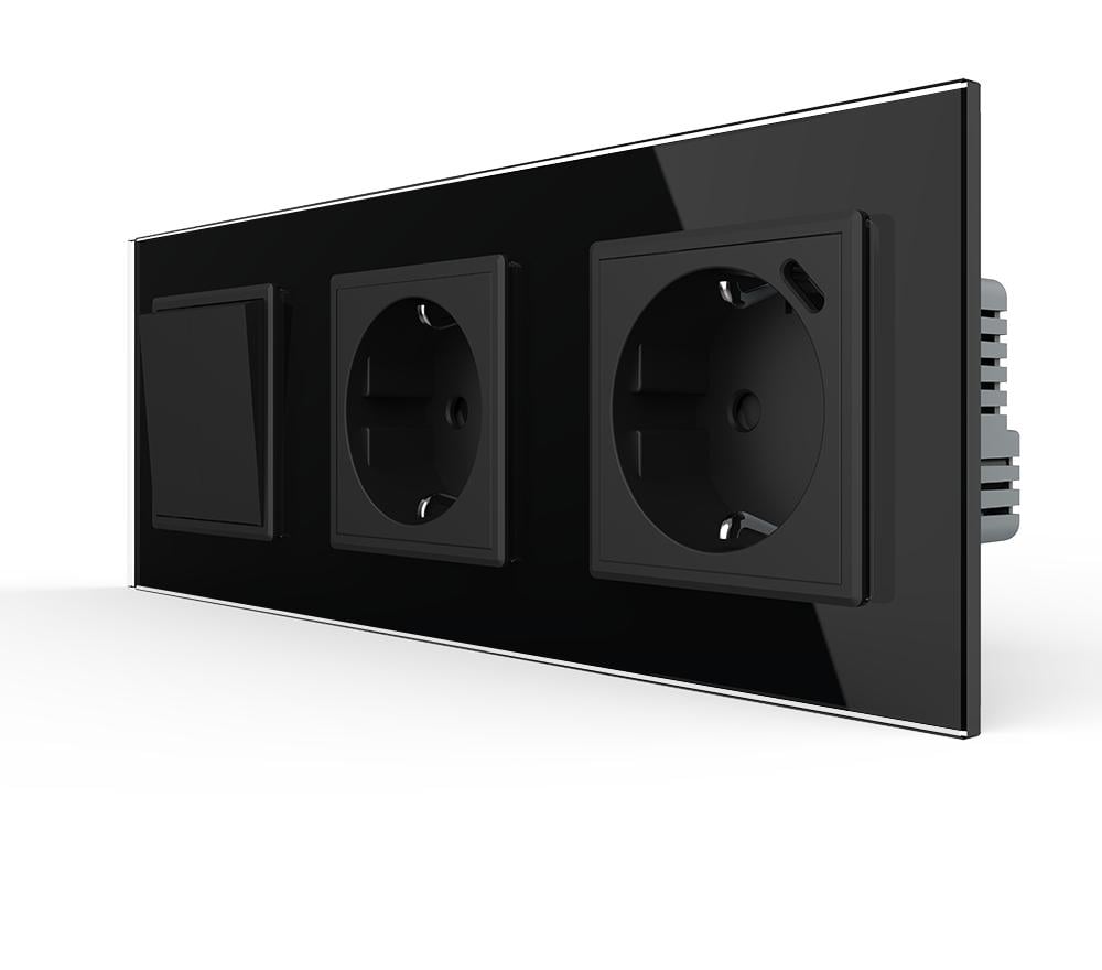 Выключатель перекрестный Livolo 2-клавишный с розеткой USB Type-C 18Вт с заземлением стекло Черный Выключатель перекрестный Livolo 2-клавишный с розеткой USB Type-C 18Вт с заземлением стекло Черный