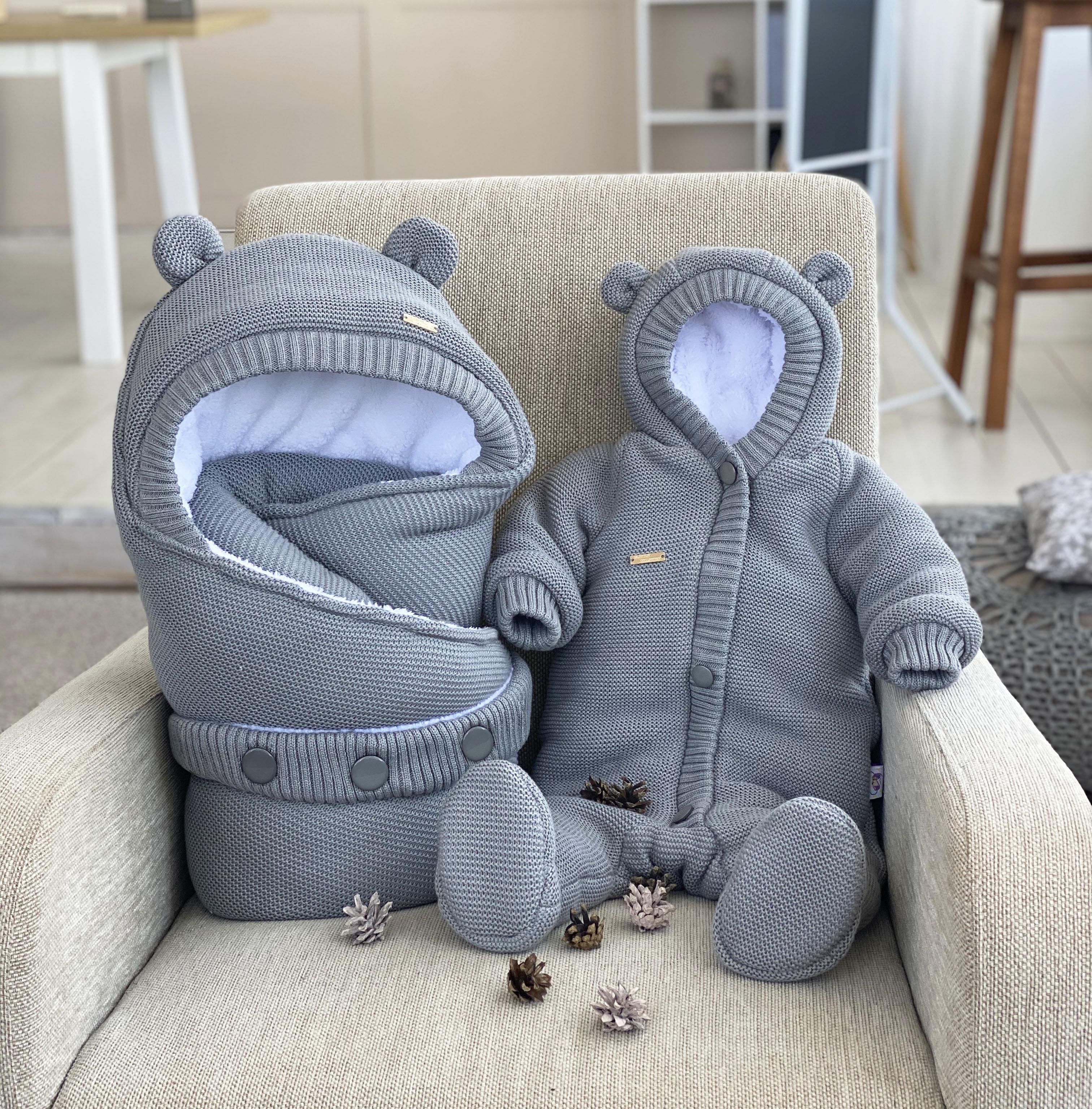 Комплект на виписку для новонародженого зимовий в'язаний Мішутка Kids fantasy Сірий (FK03)