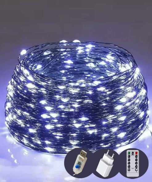 Гирлянда Роса 300 LED 30 м с зеленым проводом/реле 8 режимов/USB и пульт Белый (FFJ00131)
