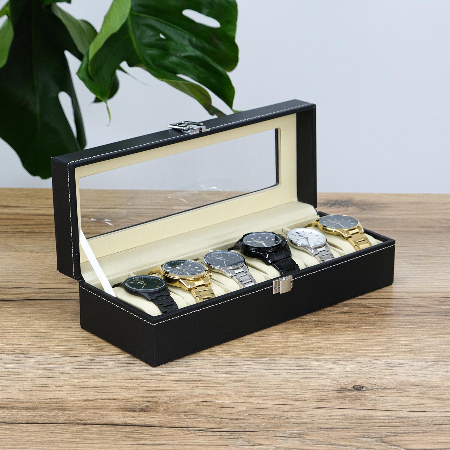 Шкатулка для часов Гранд Презент с 6 слотами экокожа 31х11х10 см Черный (JZ-027)