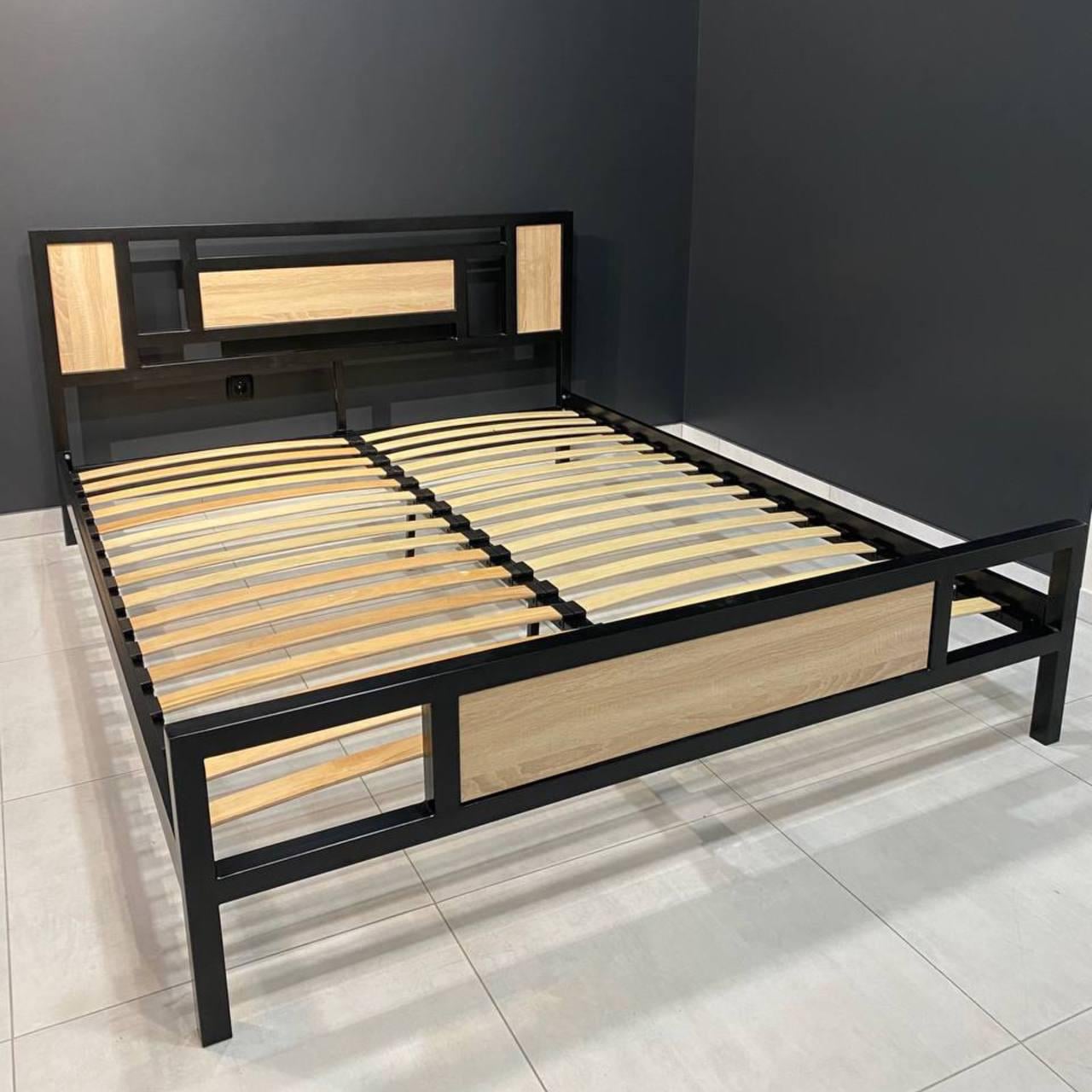 Кровать металлическая в стиле Loft ADEL двуспальная 180х200 см Дуб сонома/Черный мет (000083202)