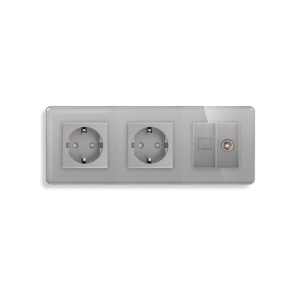 Розетка трехместная ELIOS силовая/интернет RJ-45/ТВ настенная стеклянная рамка Серый (TW-M3FCAT6PTY-GY)