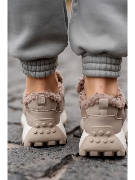 Кроссовки женские кожаные с замшевыми вставками на меху р. 37 24 см Бежевый - фото 3