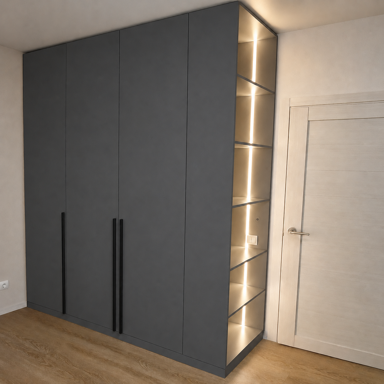 Шкаф Афина трёхдверный со стеллажом и LED-подсветкой Mebellini, ЛДСП 1750×2300×500 мм Антрацит (SKEP1000-296)
