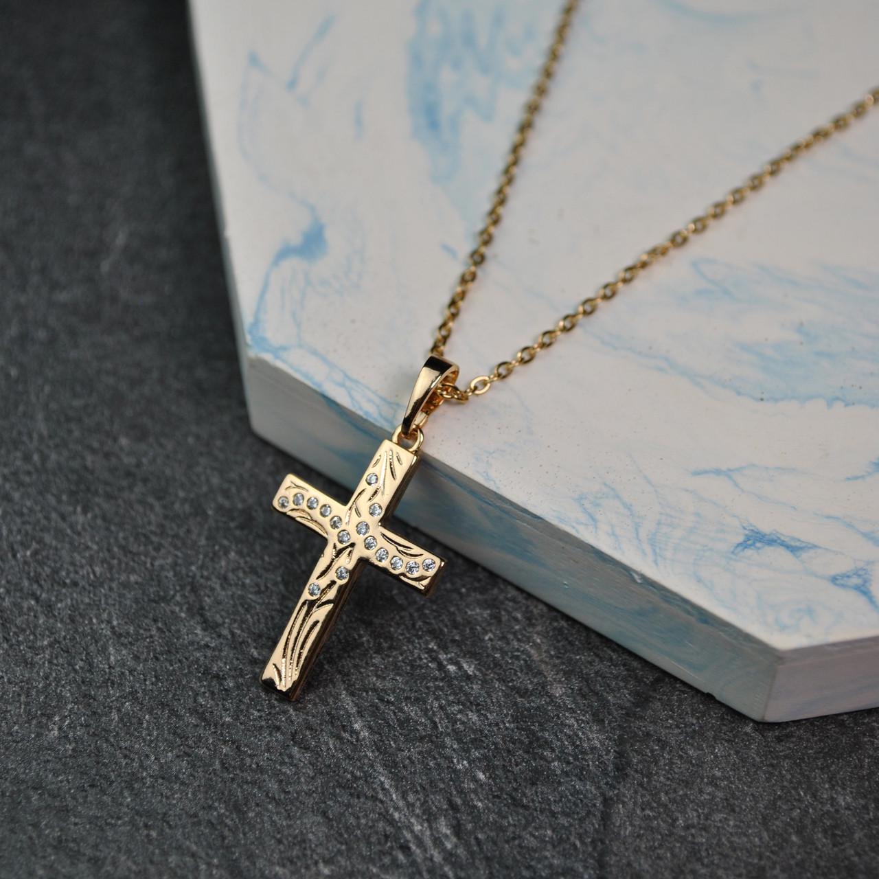 Кулон крестик с фианитами на цепочке медицинская сталь позолота (x240-2)