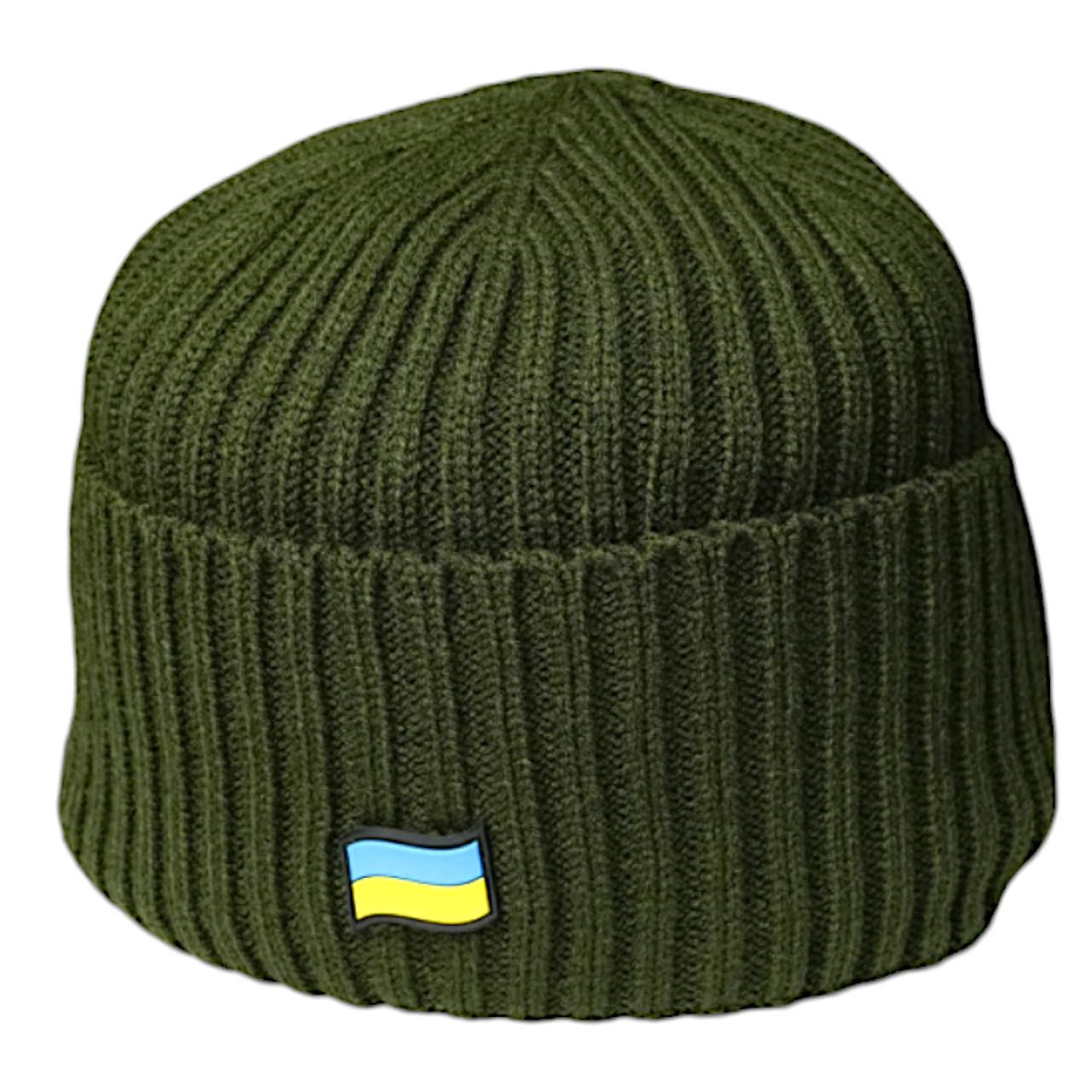 Шапка вязанная на флисе с флагом Украины Олива (2386075495)
