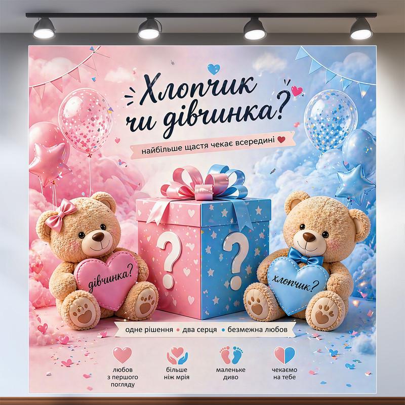 Праздничная фотозона Мальчик или Девочка с плюшевыми мишками и бантом 120x120см, №48504