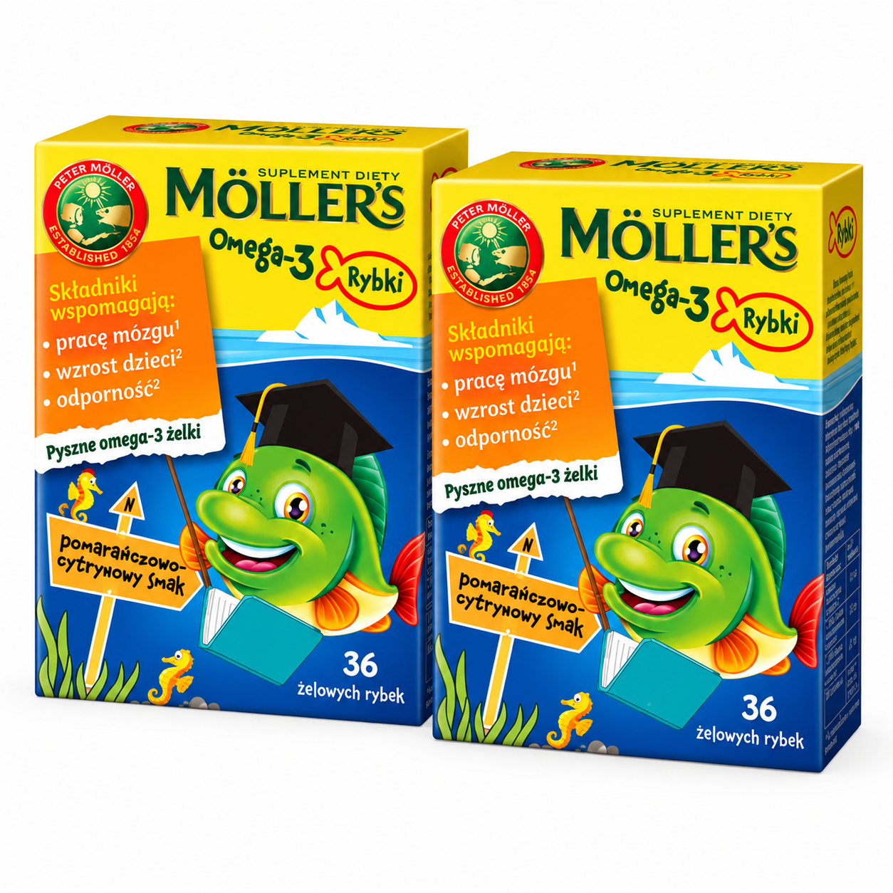 Комплект Omega-3 для детей Mollers Рыбки жевательные DHA EPA с витамином D3 апельсиново-лимонный вкус 2 шт./36 ед. (35507712)