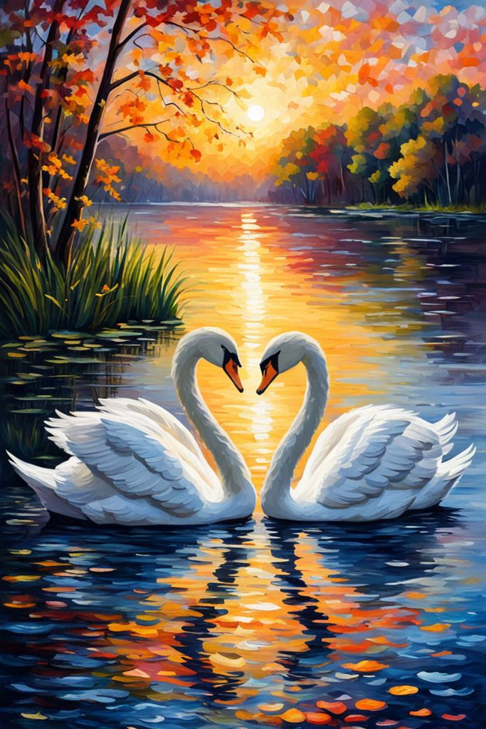 Алмазна мозаїка Пара лебедів на заході сонця повна викладка квадратні камені без підрамника 40х60 см
