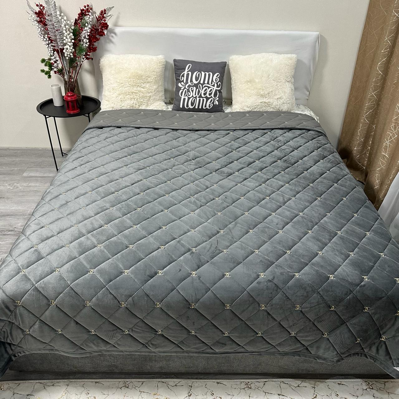 Покривало на ліжко велюрове полуторне 150x210 см Графітовий (28821669) - фото 8