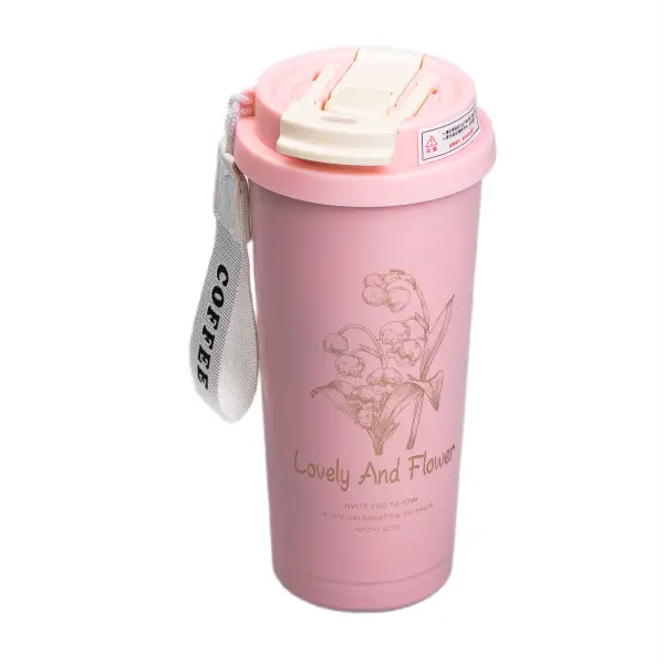 Термочашка Flower Style YIWU с трубочкой и двойным открыванием 500 мл Розовый (147-107-HP-14-52P)