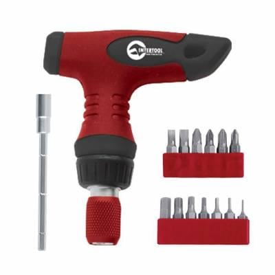 Викрутка Т-подібна реверсивна з цанговим затискачем та комплектом насадок Intertool VT-1016 15 пр.