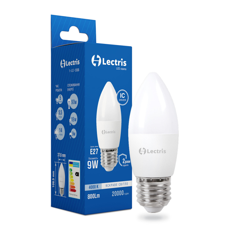 Светодиодная лампа Lectris 1-LC-1306 С37 9W 4000K 220V E27